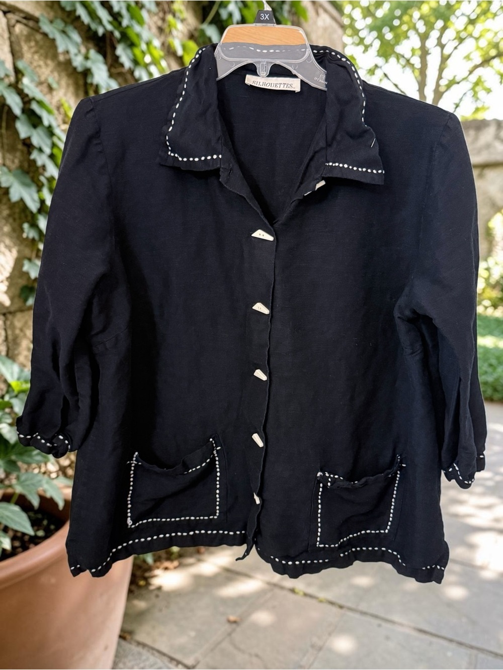 Silhouette Black Button-Front Blazer with White Stitching